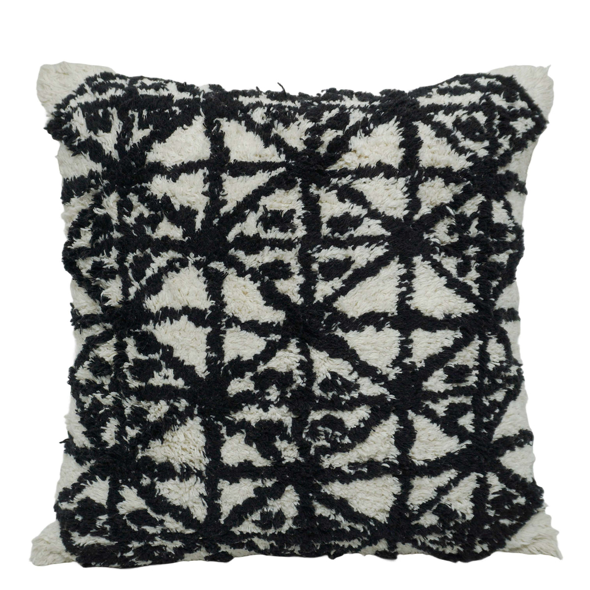 Black & Ivory Abstract Tufted Cotton Cushion Cover – Textured Geometric Floral Design, 45 x 45 cm