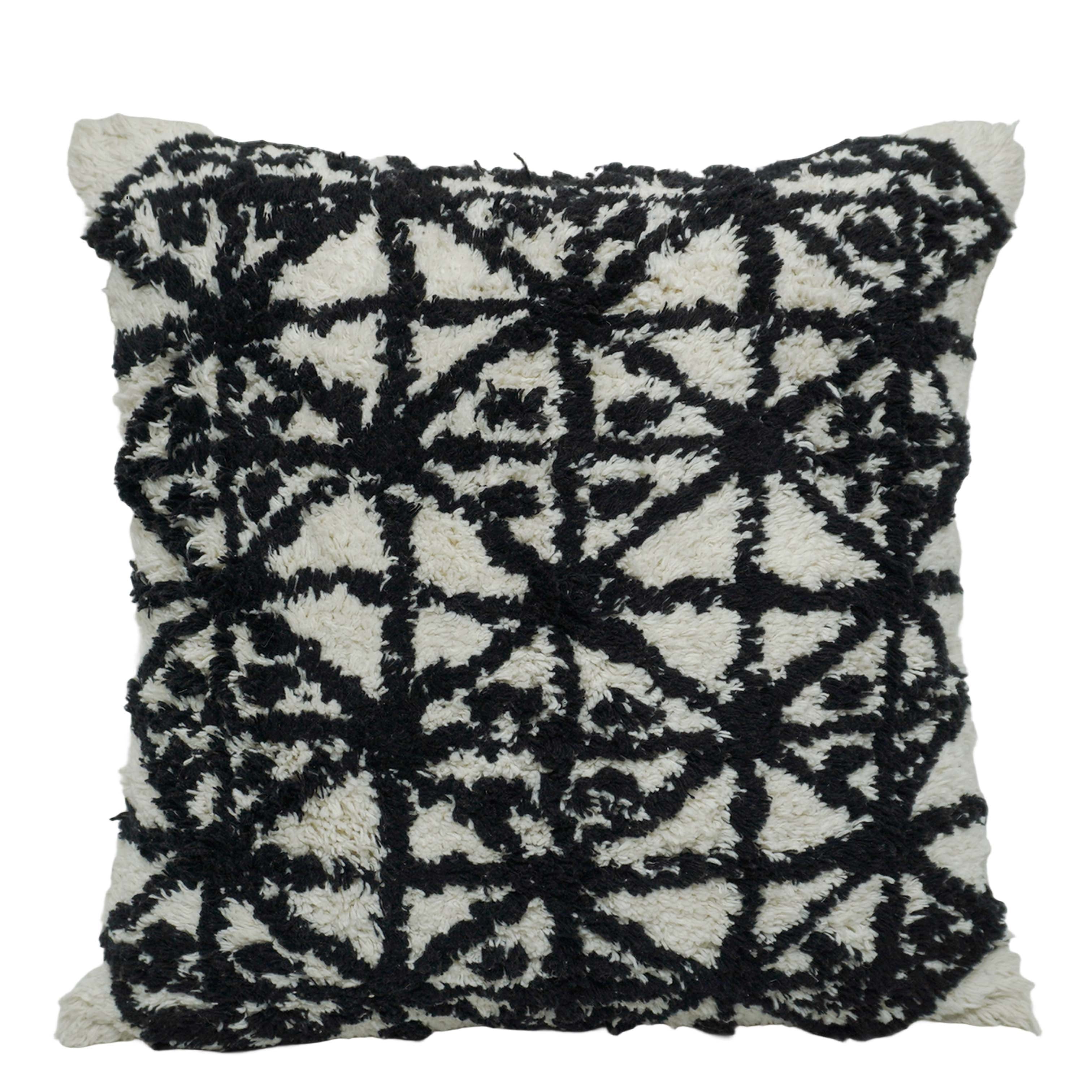 Black & Ivory Abstract Tufted Cotton Cushion Cover – Textured Geometric Floral Design, 45 x 45 cm