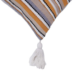 Handwoven Striped Cotton Cushion Cover with Tassels | Mustard, Beige & Grey | 45x45 cm Decorative Throw Pillow Cover