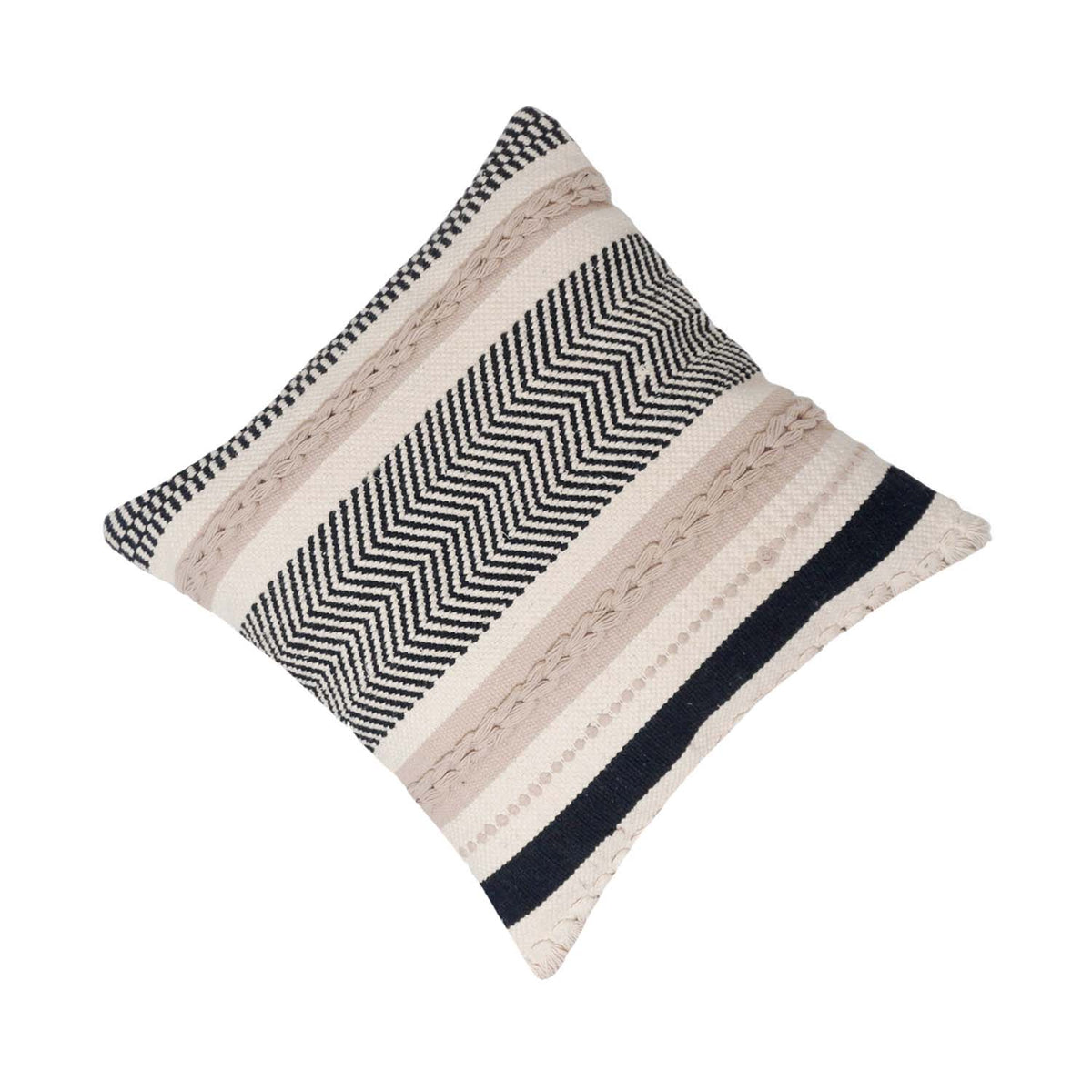 Handmade Cotton Woven Cushion Cover 45x45 cm | Black & Ivory Textured Boho Decorative Pillow Cover | Geometric Chevron Design | Hidden Zipper - Bulk manufacturer & supplier from Panipat, India