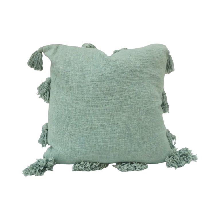 Sage Green Tassel Cotton Cushion Cover – 45x45 cm Soft Textured Decorative Pillow Cover - Bulk manufacturer & supplier from Panipat, India