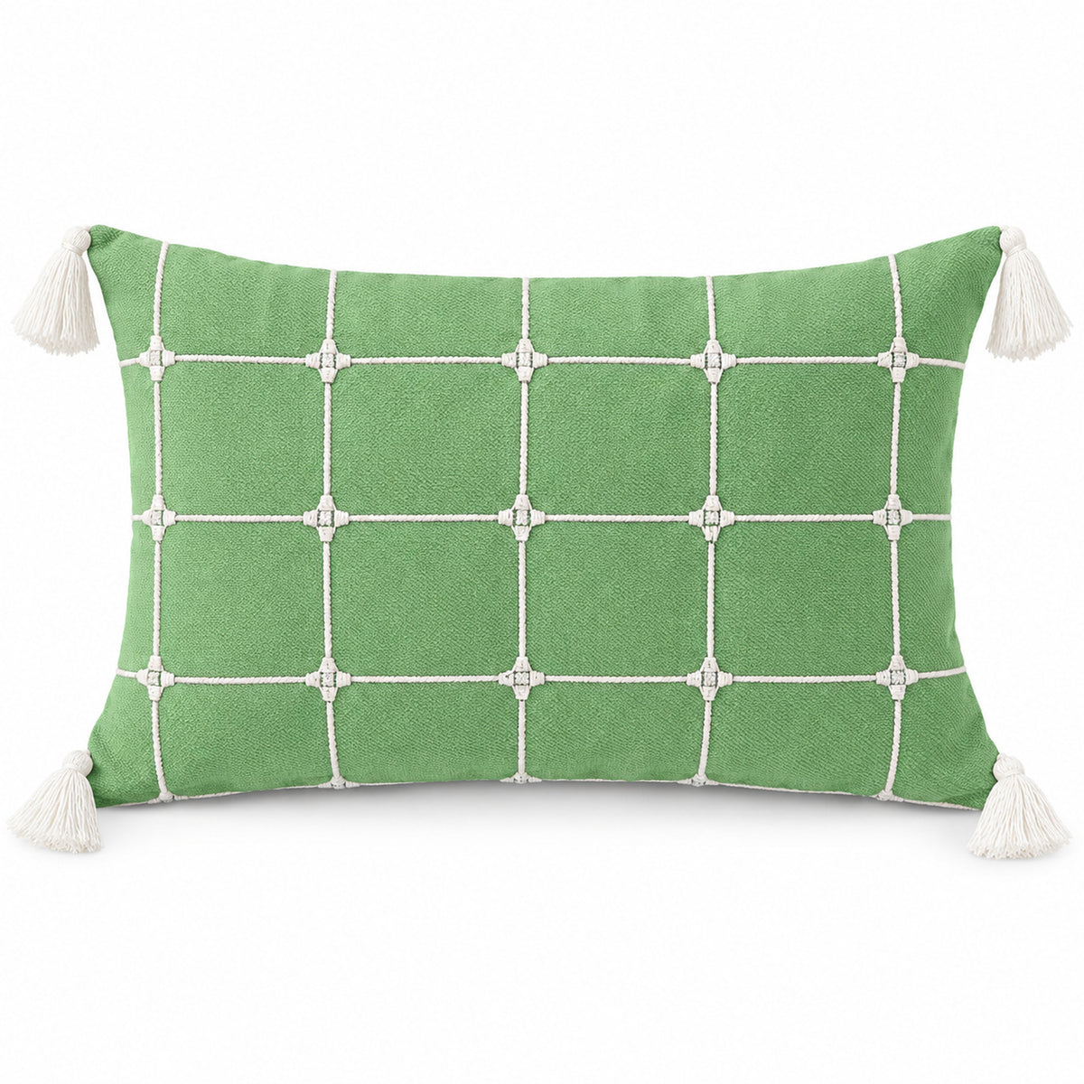Sage green rectangular lumbar cushion with white windowpane grid and cream corner tassels