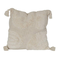Textured Cream Cotton Cushion Cover with Tufted Geometric Design & Tassel Corners | 18x18 Inch Decorative Throw Pillow Cover