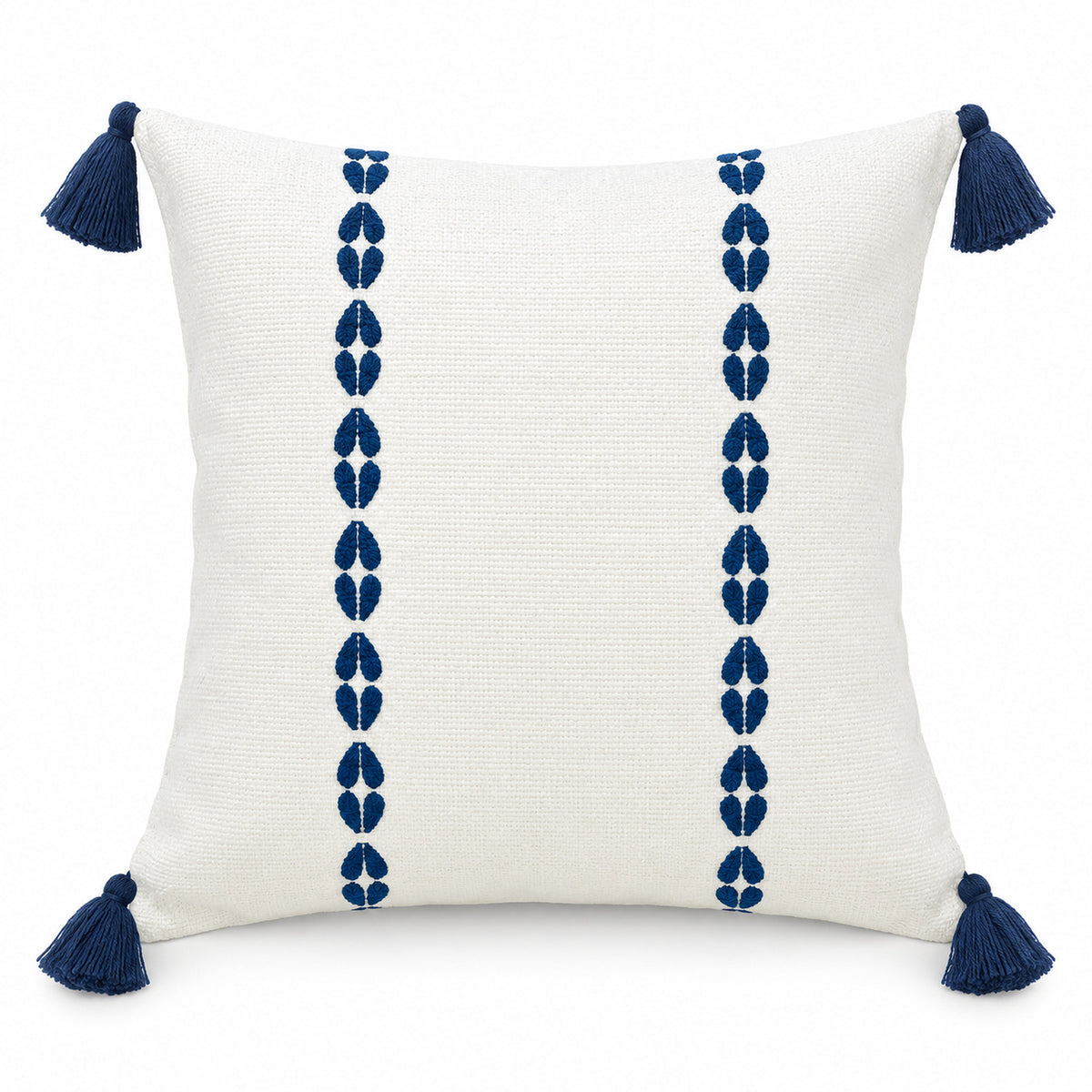 Ivory square cushion with twin vertical rows of navy blue motifs and blue corner tassels