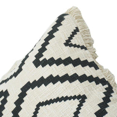 Black & White Geometric Printed Cotton Cushion Cover with Fringe | 45x45 cm