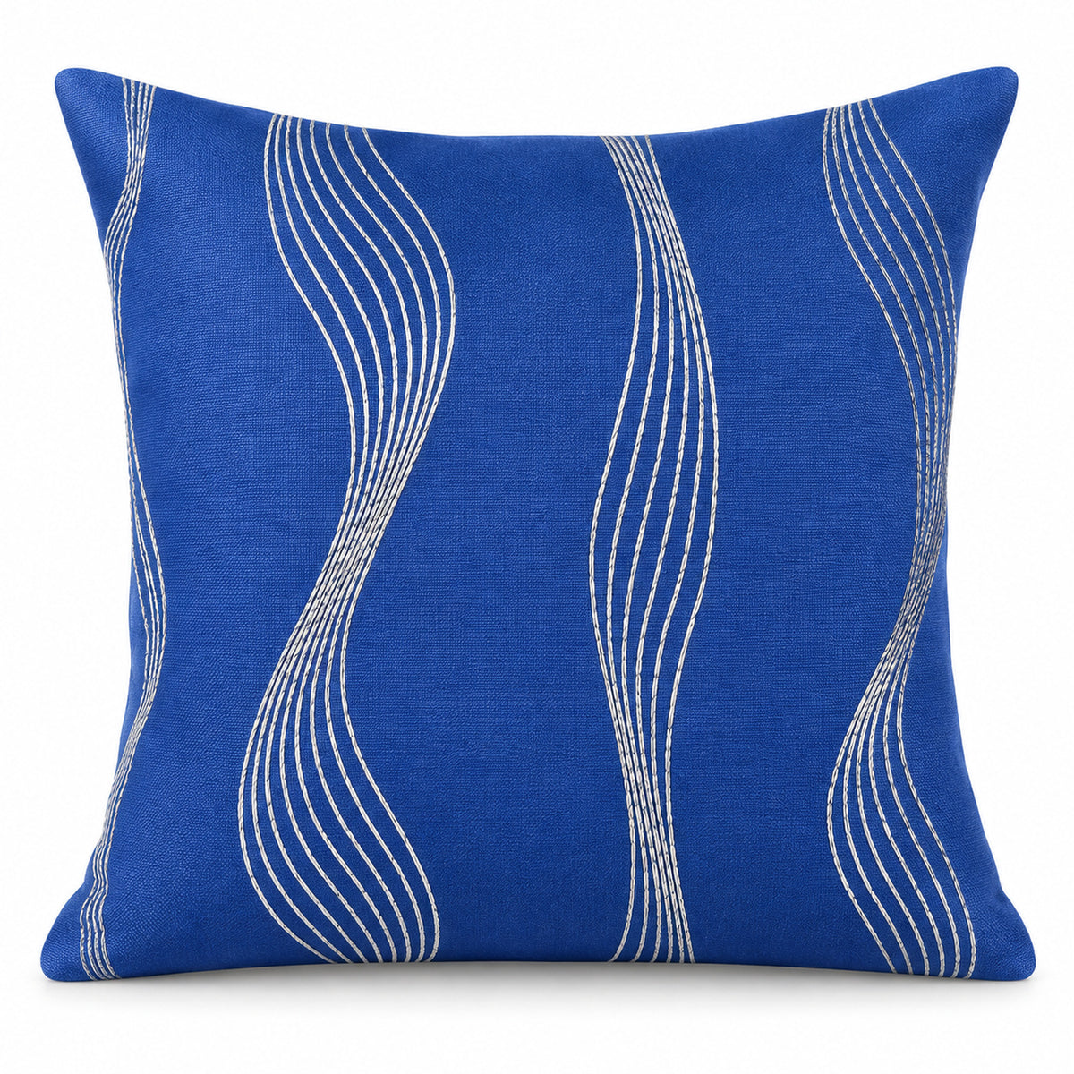 Cobalt blue square cushion with elegant flowing ivory thin wavy vertical lines