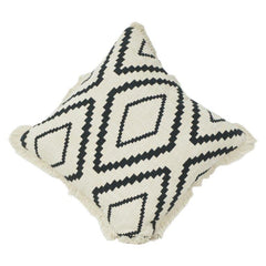 Black & White Geometric Printed Cotton Cushion Cover with Fringe | 45x45 cm