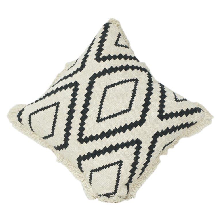 Black & White Geometric Printed Cotton Cushion Cover with Fringe | 45x45 cm