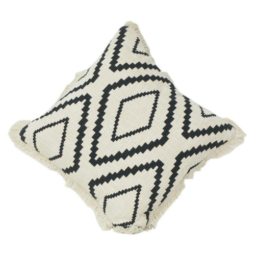 Black & White Geometric Printed Cotton Cushion Cover with Fringe | 45x45 cm