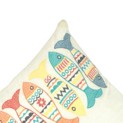 Coastal Fish Embroidered Cotton Cushion Cover | 45x45 cm Decorative Throw Pillow Cover