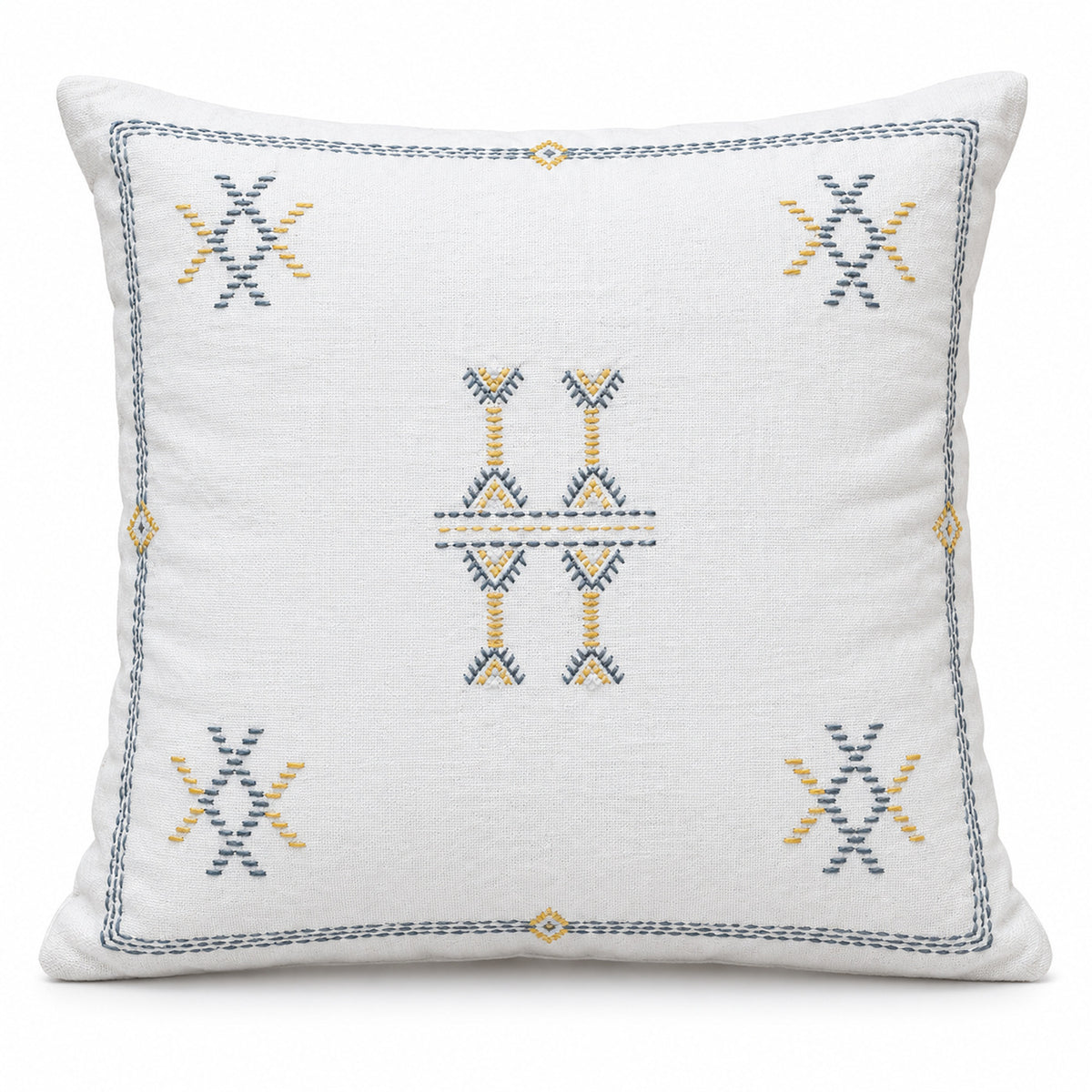 Ivory square cushion with small blue and muted gold geometric tribal motifs and fine border detail