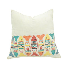 Coastal Fish Embroidered Cotton Cushion Cover | 45x45 cm Decorative Throw Pillow Cover