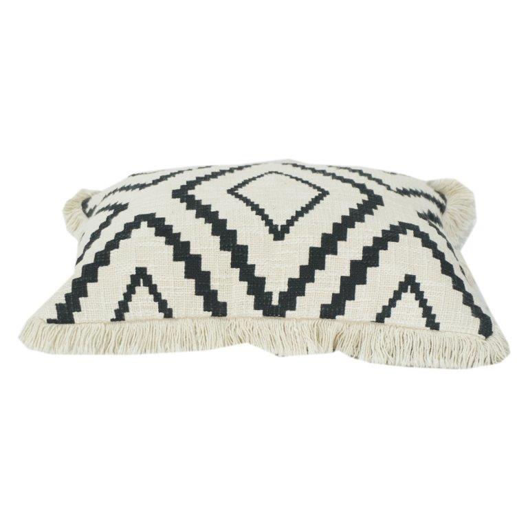 Black & White Geometric Printed Cotton Cushion Cover with Fringe | 45x45 cm - Bulk manufacturer & supplier from Panipat, India