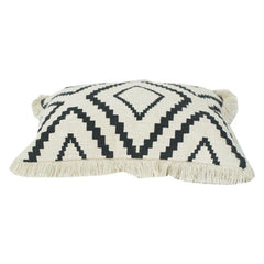 Black & White Geometric Printed Cotton Cushion Cover with Fringe | 45x45 cm