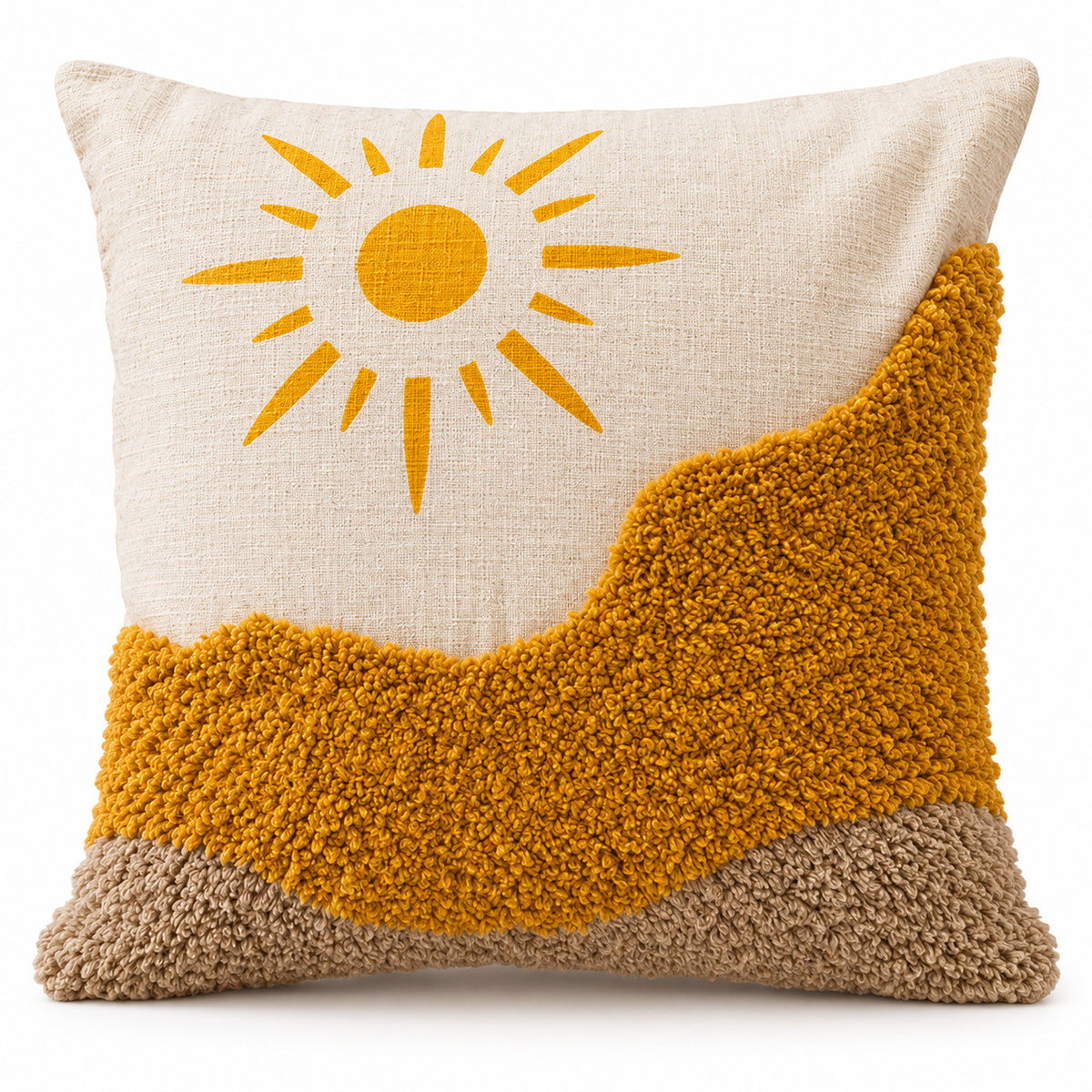 Ivory square cushion with bright mustard sun artwork and warm golden raised-looking abstract hillside