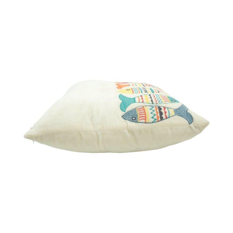Coastal Fish Embroidered Cotton Cushion Cover | 45x45 cm Decorative Throw Pillow Cover - Bulk manufacturer & supplier from Panipat, India