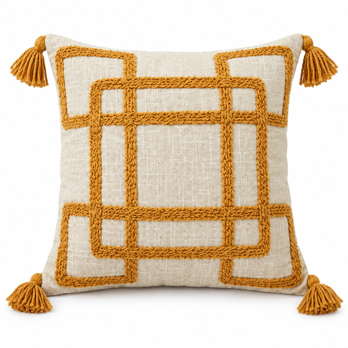 Ivory square cushion with bold mustard yellow crossing rectangular grid lines and tassels at corners