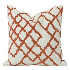 Rust Trellis Embroidered Cotton Cushion Cover | Geometric Lattice Design | 18x18 Inch Decorative Throw Pillow Case