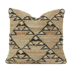 Handwoven Jute Cushion Cover with Tribal Geometric Pattern | Natural Textured Boho Decor Pillow | 18x18 Inch