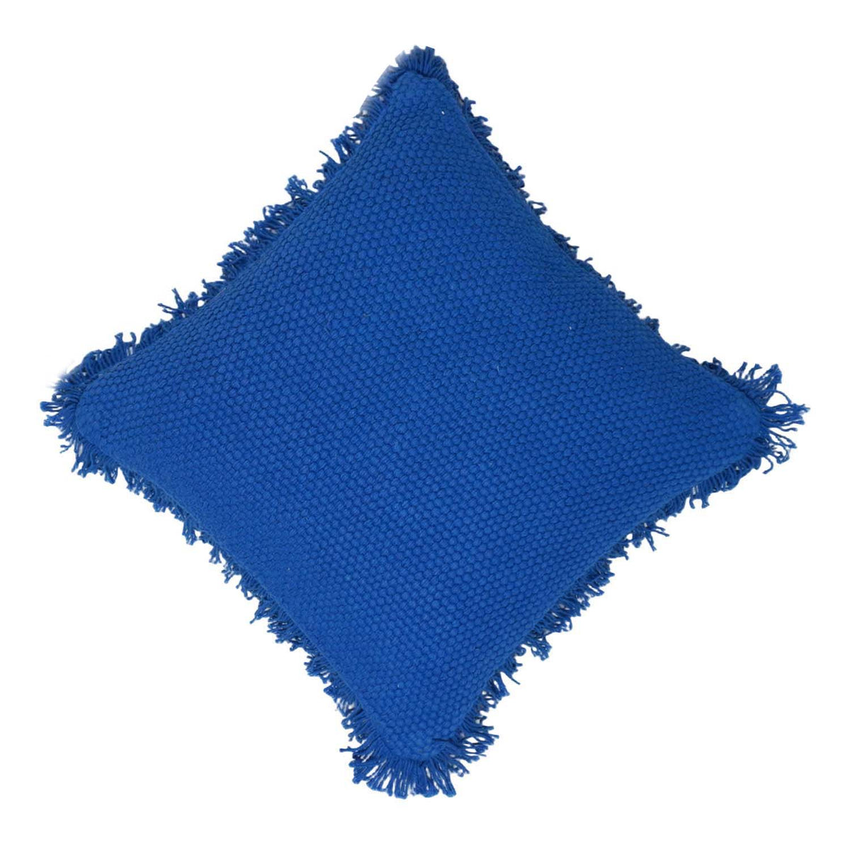 Handwoven Cotton Cushion Cover with Fringe Border – Royal Blue Textured Throw Pillow Cover – 45 x 45 cm (18 x 18 Inches) - Bulk manufacturer & supplier from Panipat, India