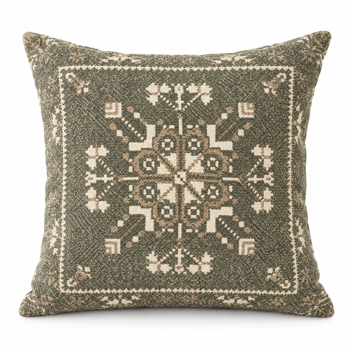 Olive grey square cushion with intricate centered ivory tribal medallion and small border ornaments