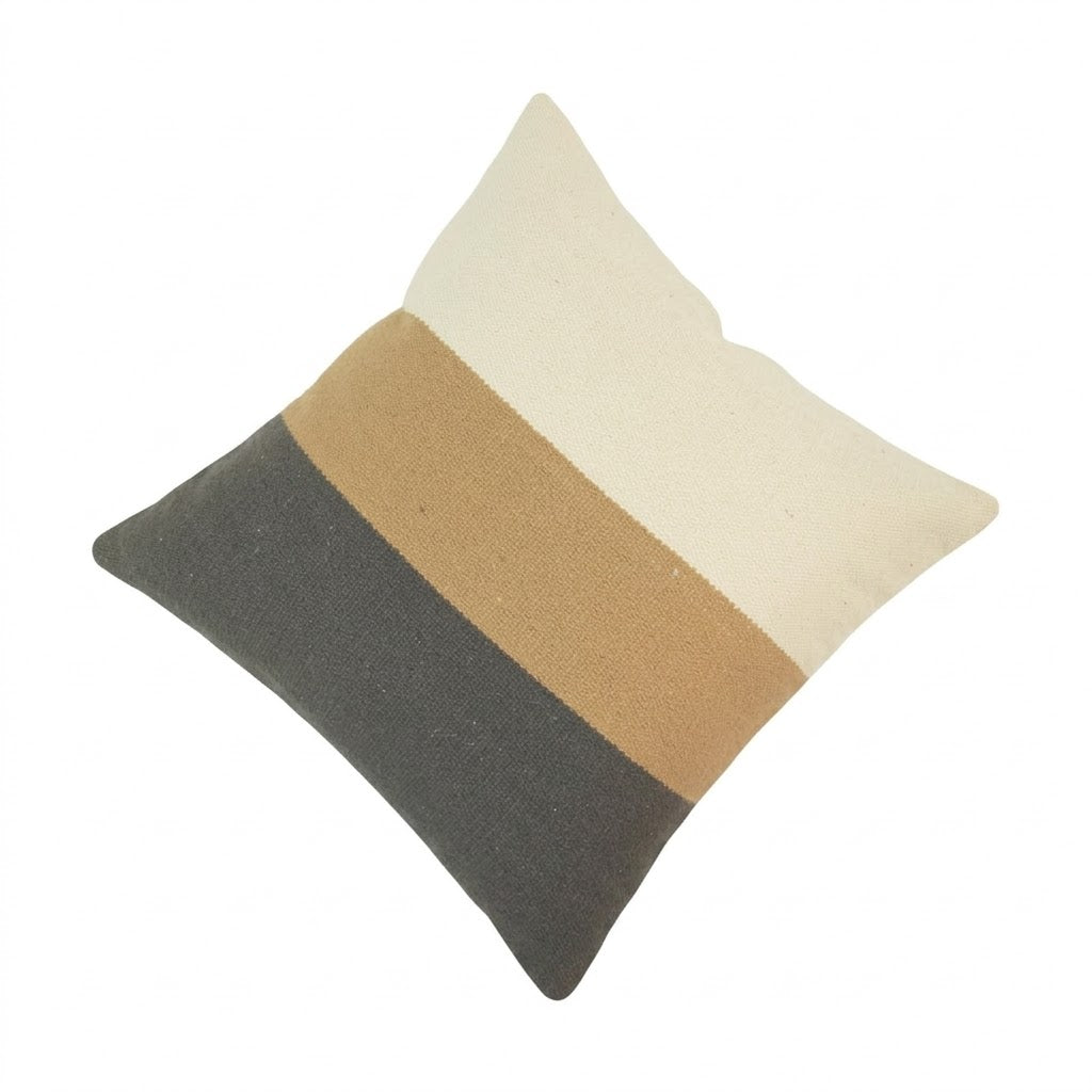 Color Block Cotton Cushion Cover – Cream, Camel & Charcoal | 45x45 cm Modern Minimalist Pillow Cover - Bulk manufacturer & supplier from Panipat, India