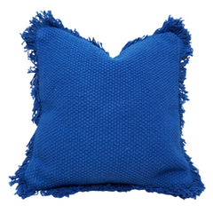 Handwoven Cotton Cushion Cover with Fringe Border – Royal Blue Textured Throw Pillow Cover – 45 x 45 cm (18 x 18 Inches)