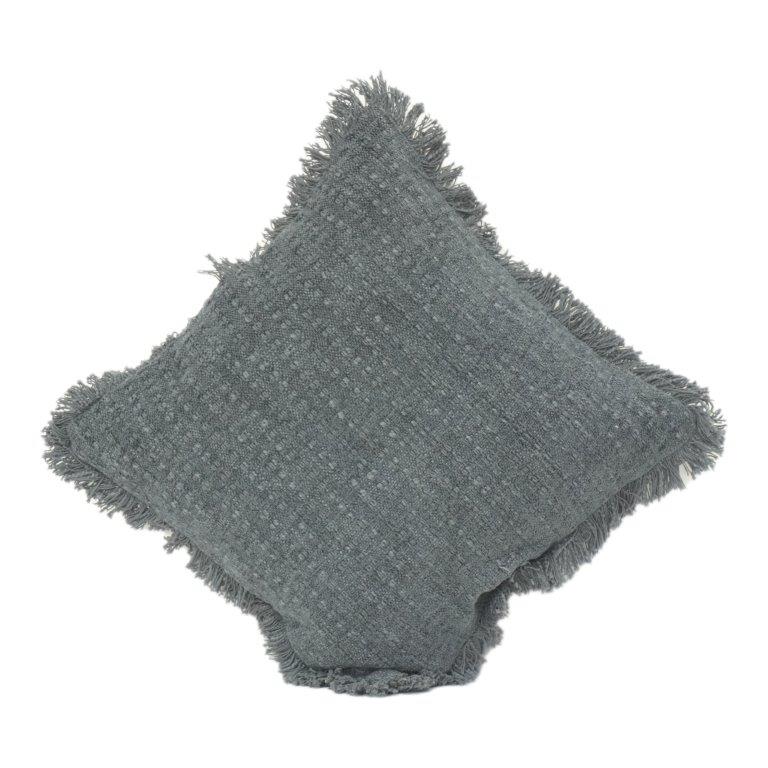 Textured Cotton Cushion Cover with Fringe Edges – Handwoven Solid Grey Decorative Pillow Cover (18x18 Inch) - Bulk manufacturer & supplier from Panipat, India