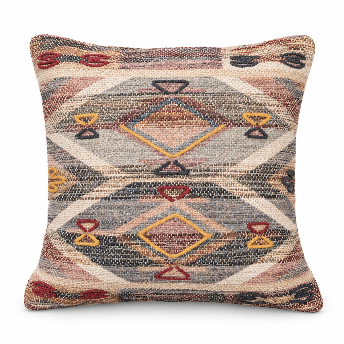 Square cushion with muted rust blue beige and mustard southwestern-style diamond and tribal motifs