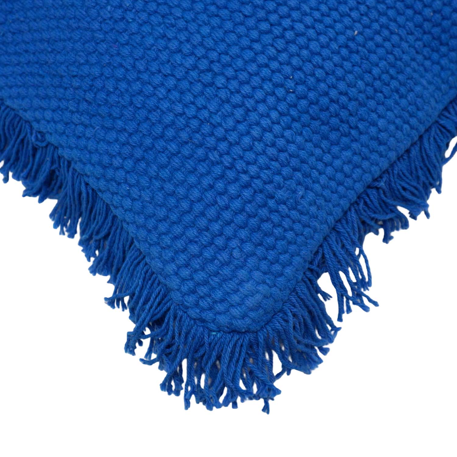 Handwoven Cotton Cushion Cover with Fringe Border – Royal Blue Textured Throw Pillow Cover – 45 x 45 cm (18 x 18 Inches)
