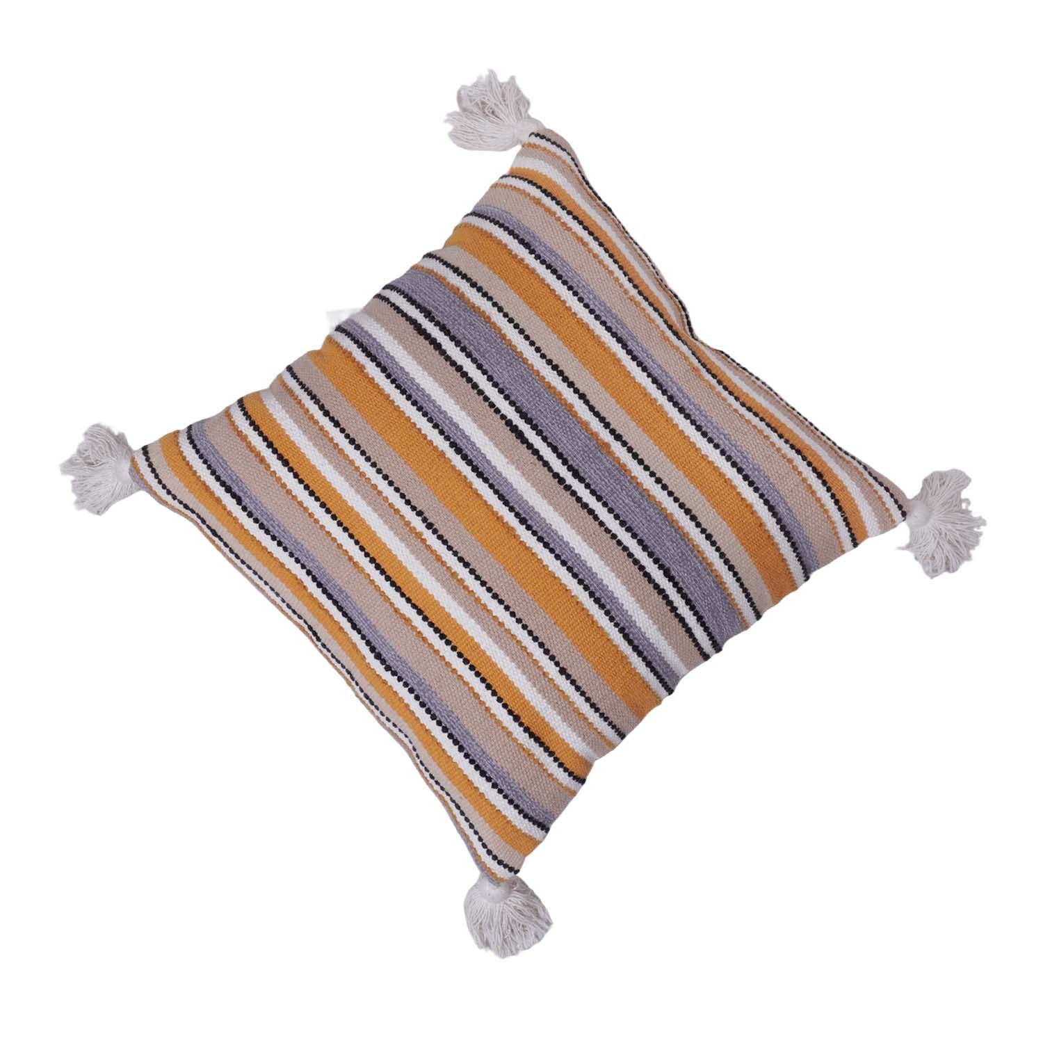Handwoven Striped Cotton Cushion Cover with Tassels | Mustard, Beige & Grey | 45x45 cm Decorative Throw Pillow Cover