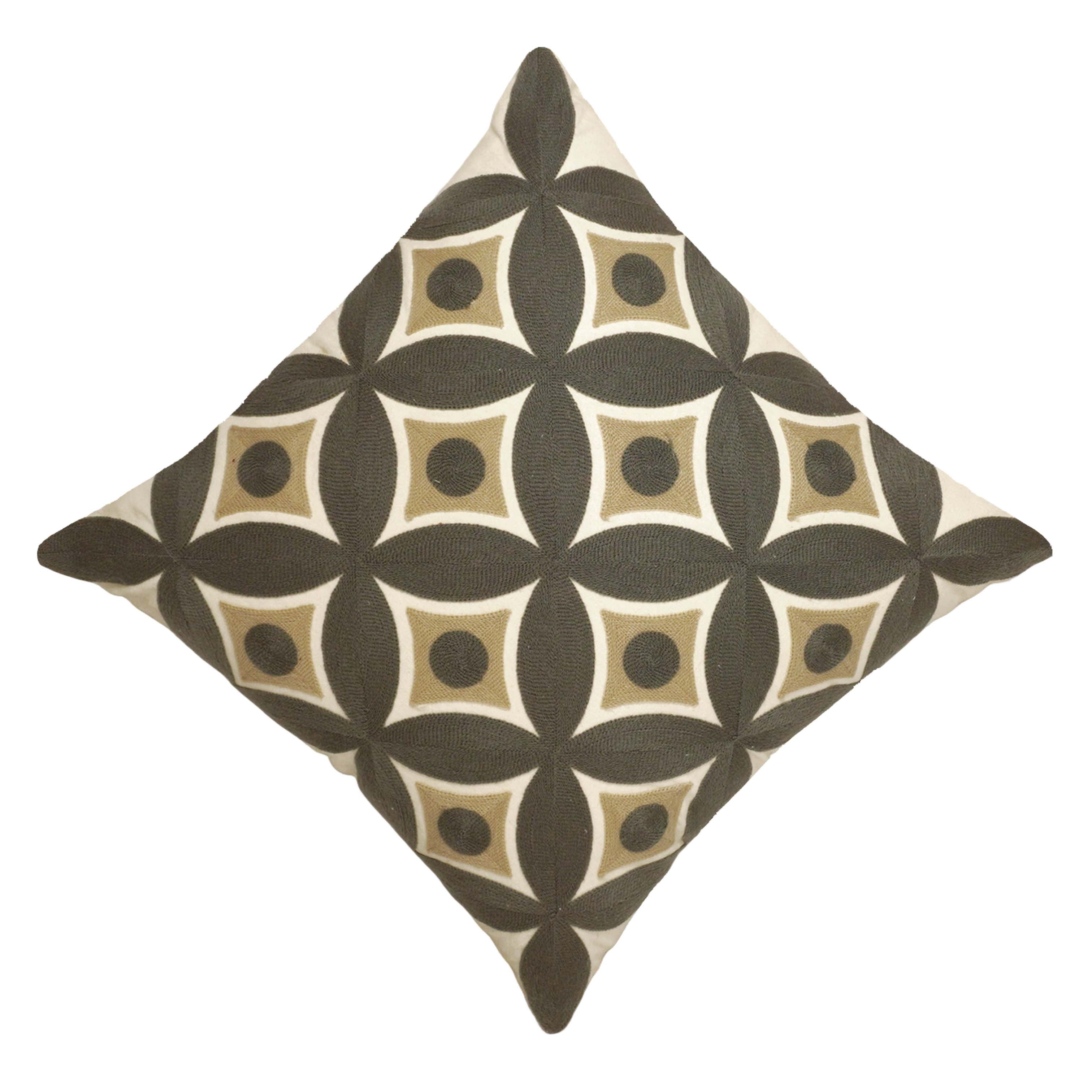 Embroidered Geometric Cotton Cushion Cover 45x45 cm | Modern Abstract Circle Pattern Decorative Throw Pillow Cover | Concealed Zip | Beige & Charcoal
