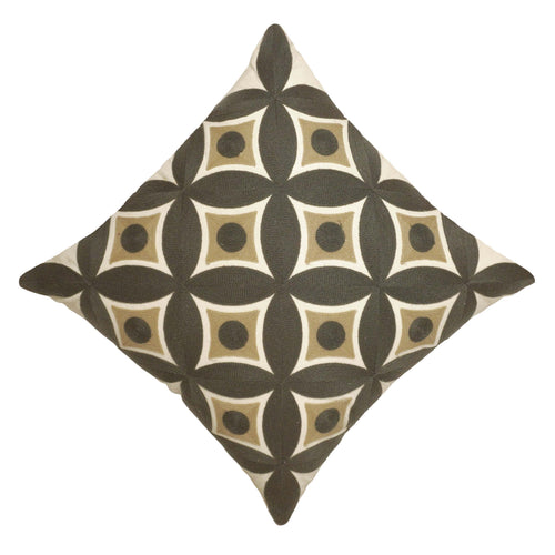Embroidered Geometric Cotton Cushion Cover 45x45 cm | Modern Abstract Circle Pattern Decorative Throw Pillow Cover | Concealed Zip | Beige & Charcoal