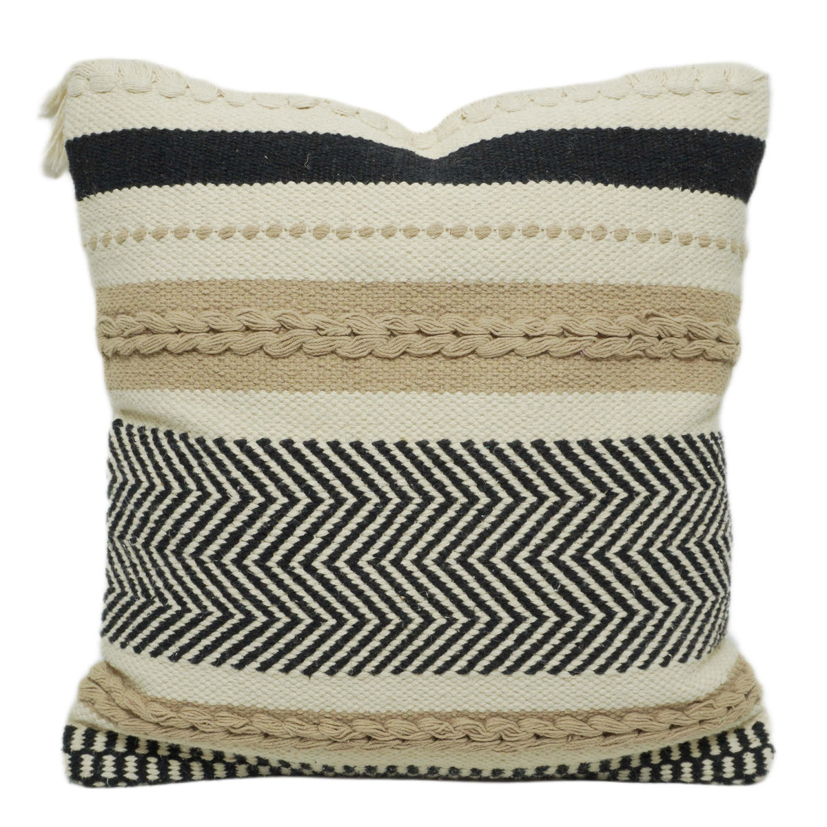 Handwoven Cotton Cushion Cover 45x45 cm – Beige & Black Geometric Chevron Textured Cushion Cover