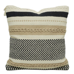 Handwoven Cotton Cushion Cover 45x45 cm – Beige & Black Geometric Chevron Textured Cushion Cover