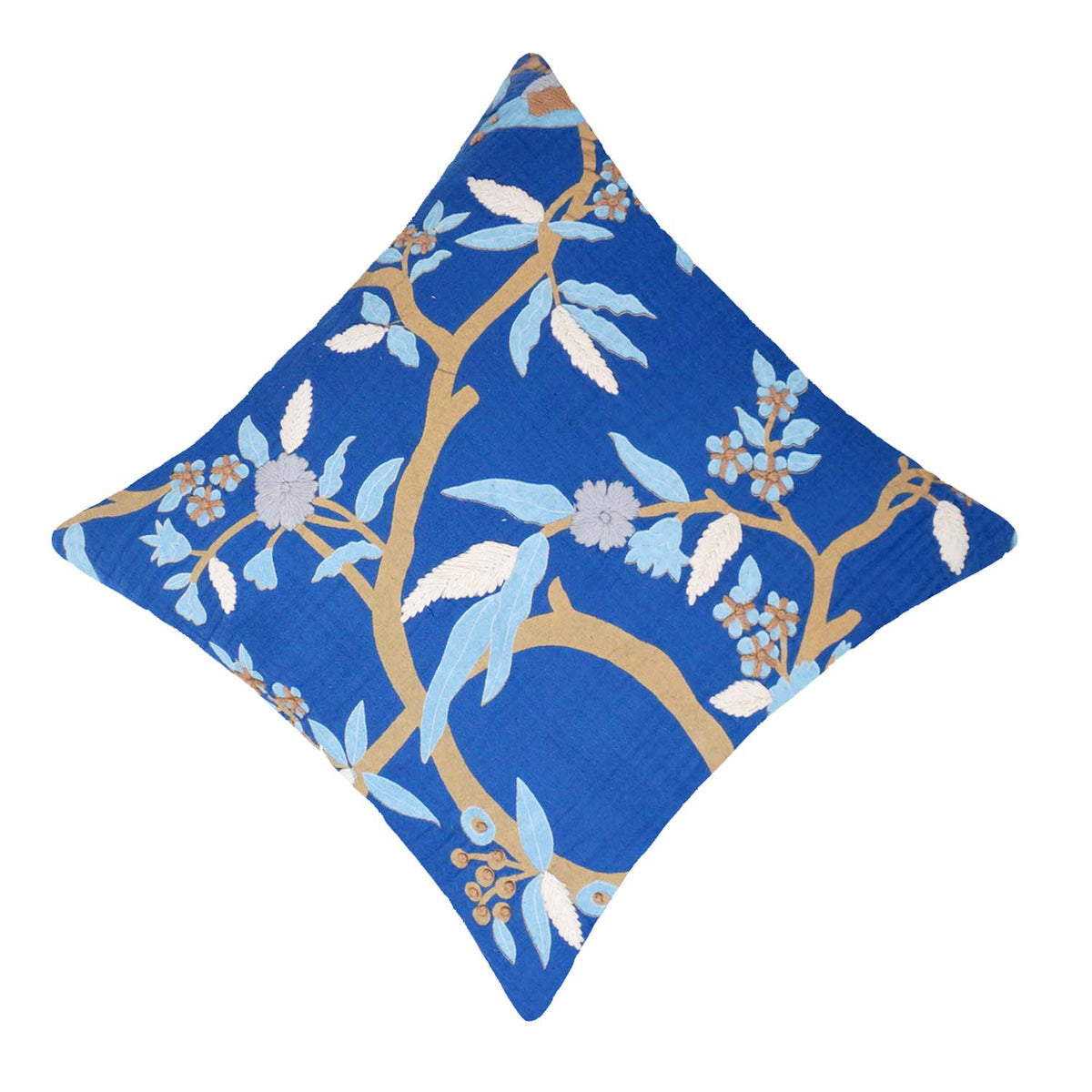 Handcrafted Printed & Embroidered Cotton Cushion Cover 45x45 cm | Blue Floral Botanical Design | Decorative Throw Pillow Cover with Hidden Zipper - Bulk manufacturer & supplier from Panipat, India