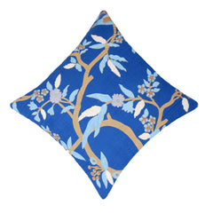 Handcrafted Printed & Embroidered Cotton Cushion Cover 45x45 cm | Blue Floral Botanical Design | Decorative Throw Pillow Cover with Hidden Zipper