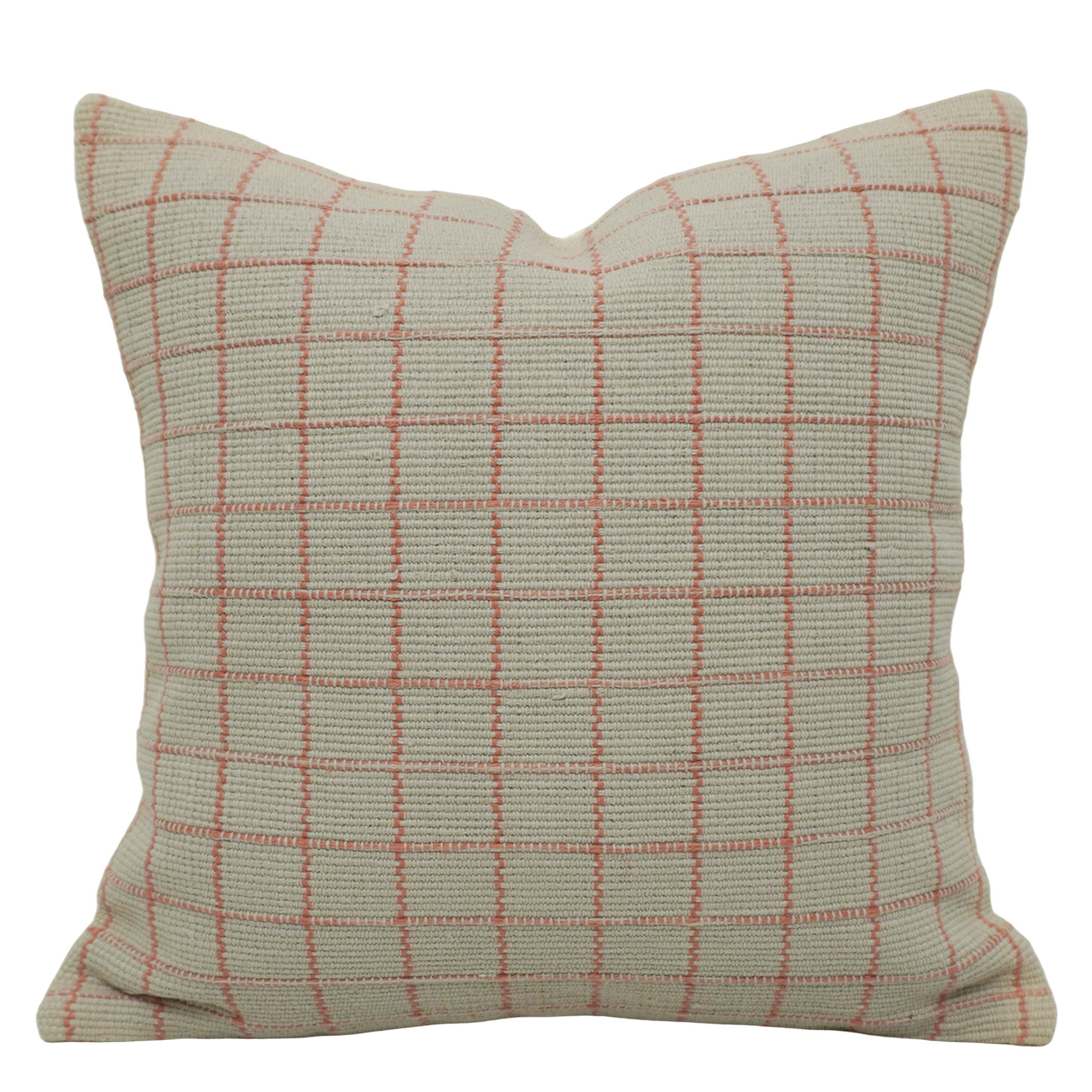Handwoven Cotton Grid Pattern Cushion Cover 45x45 cm | Woven Decorative Throw Pillow Cover | Soft Textured Beige & Blush Pink | Hidden Zip | Modern Minimalist Home Décor