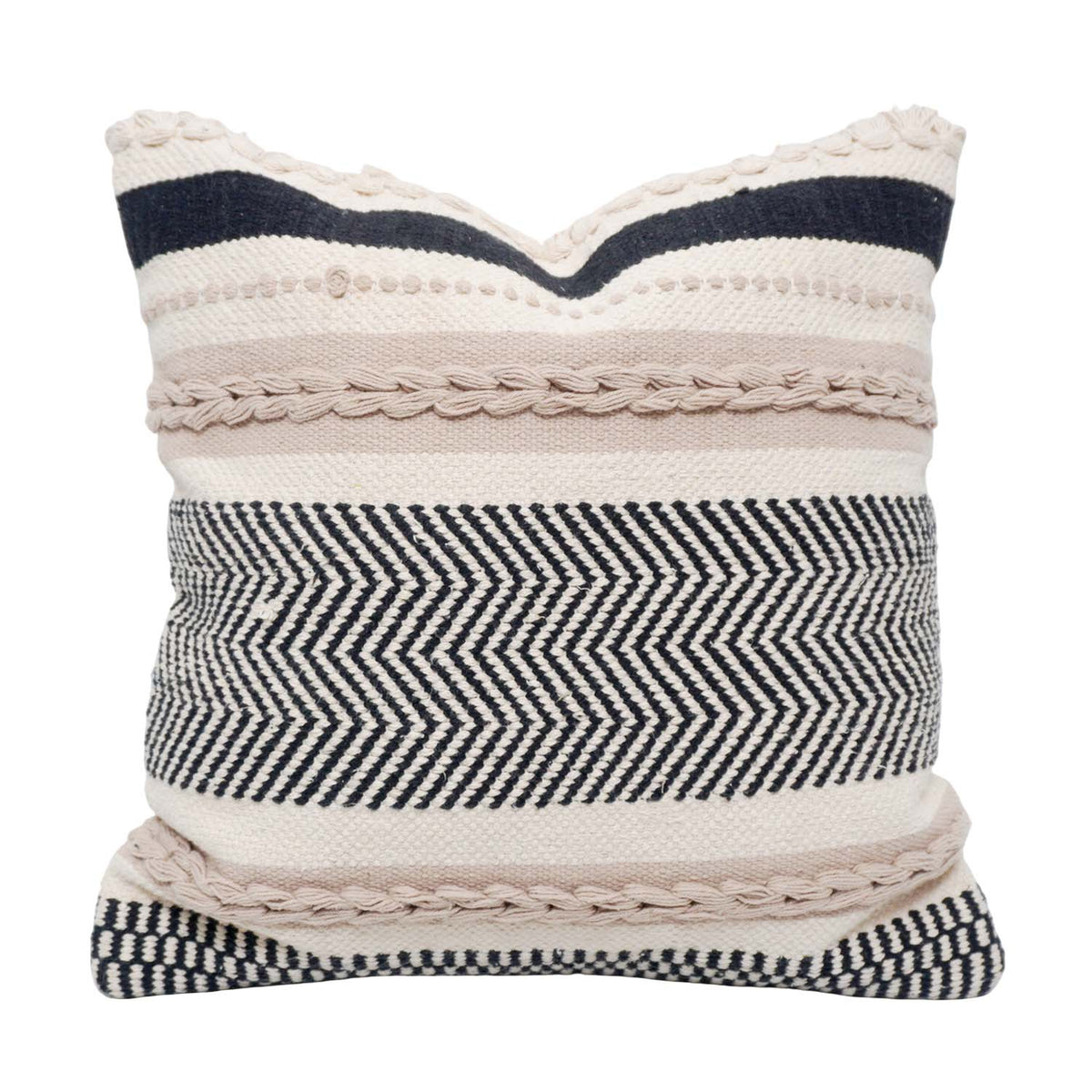Handmade Cotton Woven Cushion Cover 45x45 cm | Black & Ivory Textured Boho Decorative Pillow Cover | Geometric Chevron Design | Hidden Zipper - Bulk manufacturer & supplier from Panipat, India