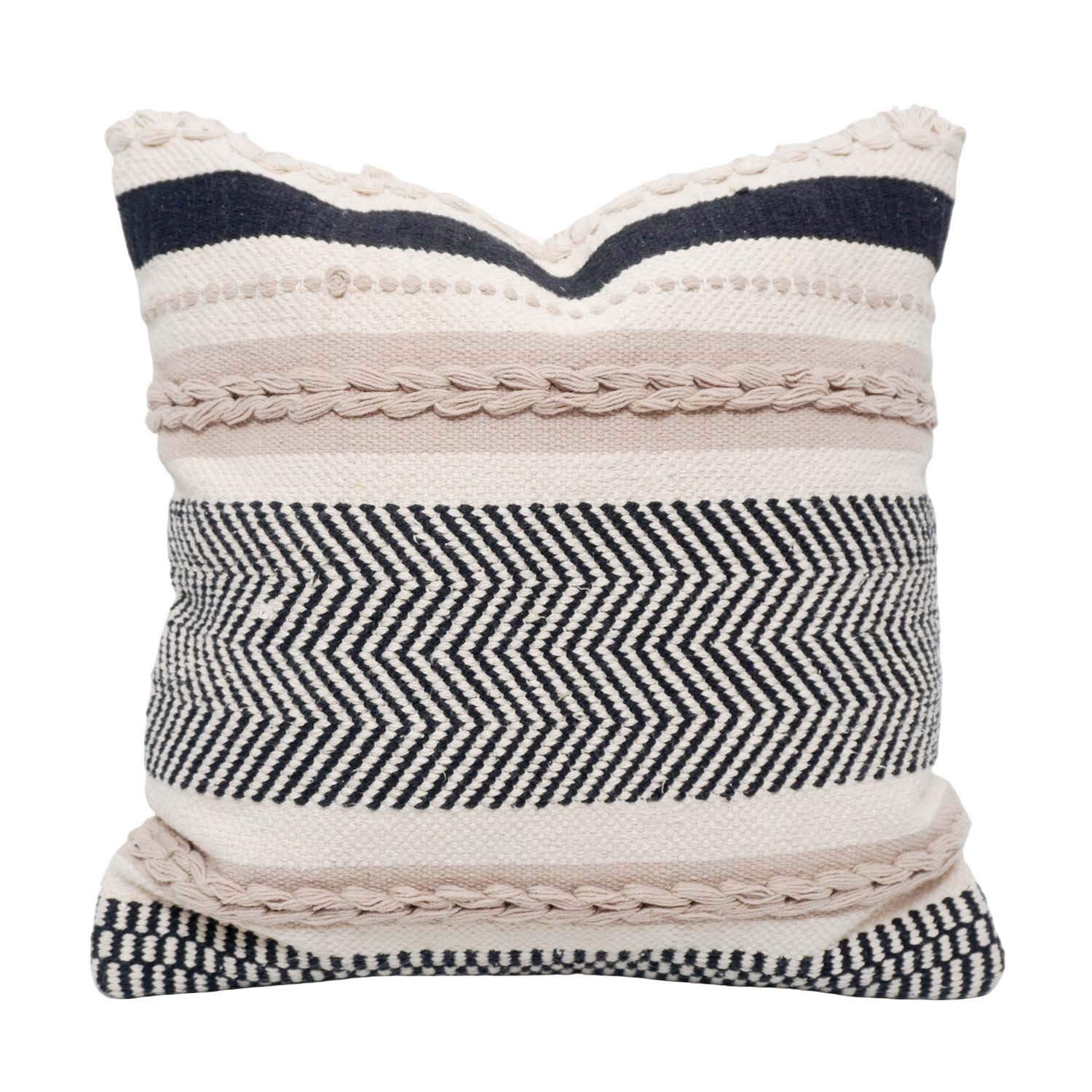 Handmade Cotton Woven Cushion Cover 45x45 cm | Black & Ivory Textured Boho Decorative Pillow Cover | Geometric Chevron Design | Hidden Zipper