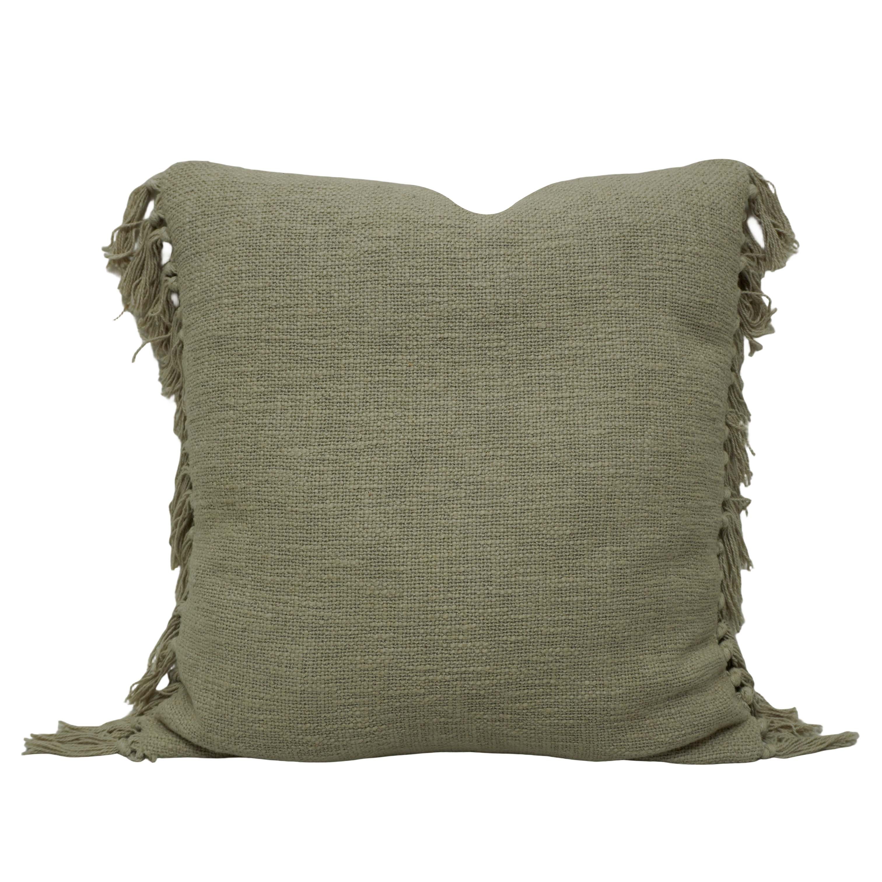 Handwoven Cotton Cushion Cover with Fringe Edges – Sage Green Textured Decorative Throw Pillow Cover | 45 x 45 cm (18 x 18 Inch)