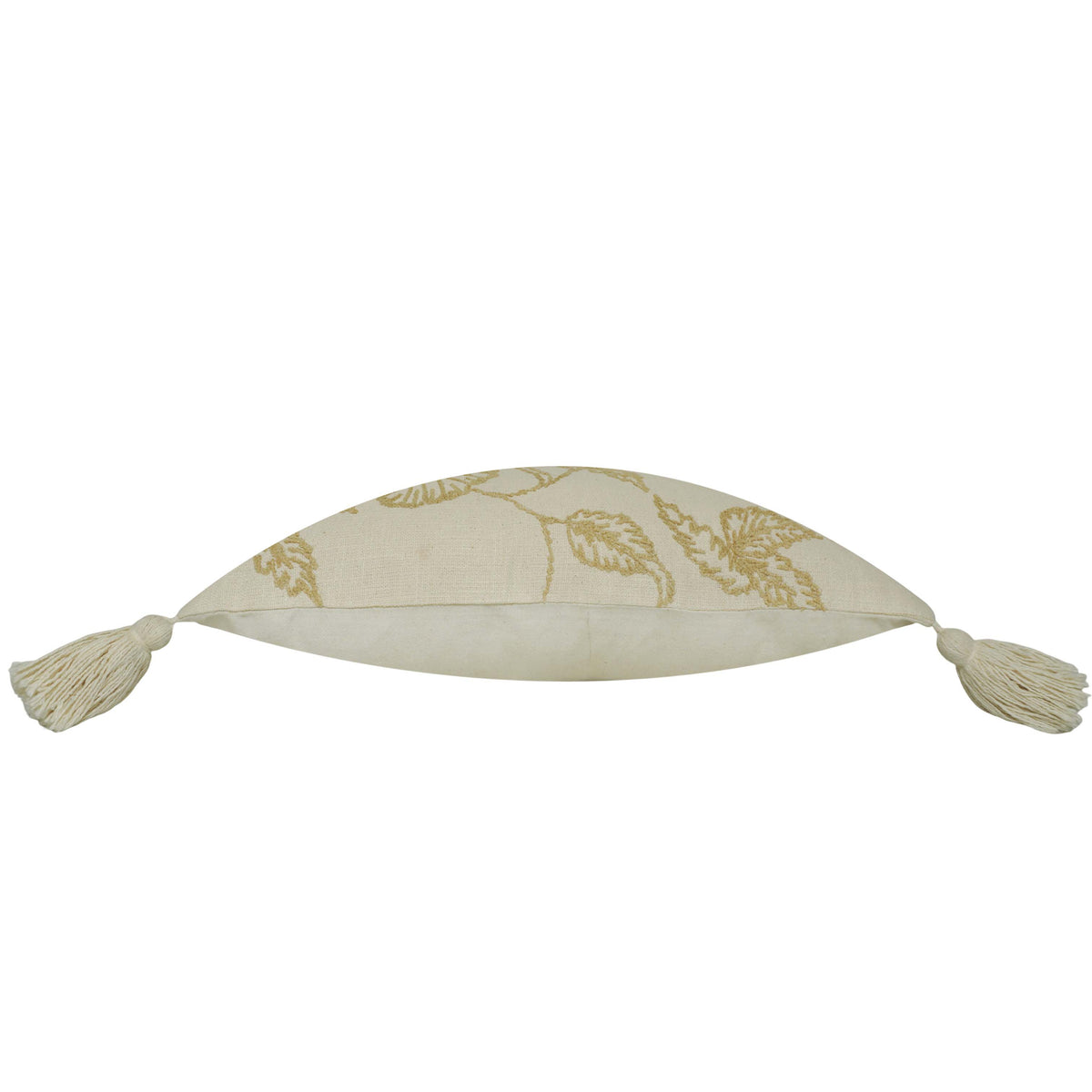 Machine Embroidered Floral Cotton Cushion Cover with Tassels | Decorative Lumbar Pillow Cover | Concealed Zipper | 35 x 50 cm | Ivory & Beige