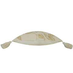 Machine Embroidered Floral Cotton Cushion Cover with Tassels | Decorative Lumbar Pillow Cover | Concealed Zipper | 35 x 50 cm | Ivory & Beige