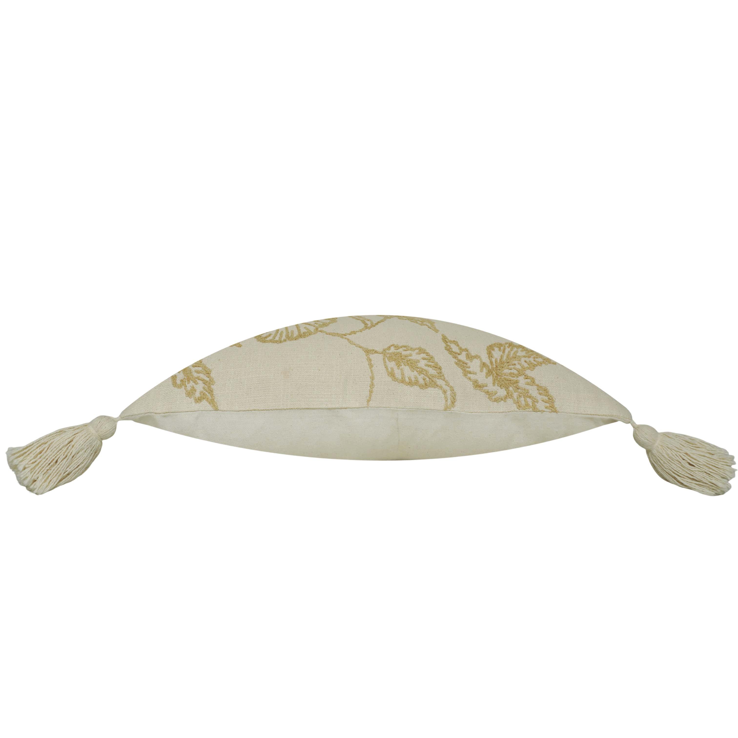 Machine Embroidered Floral Cotton Cushion Cover with Tassels | Decorative Lumbar Pillow Cover | Concealed Zipper | 35 x 50 cm | Ivory & Beige