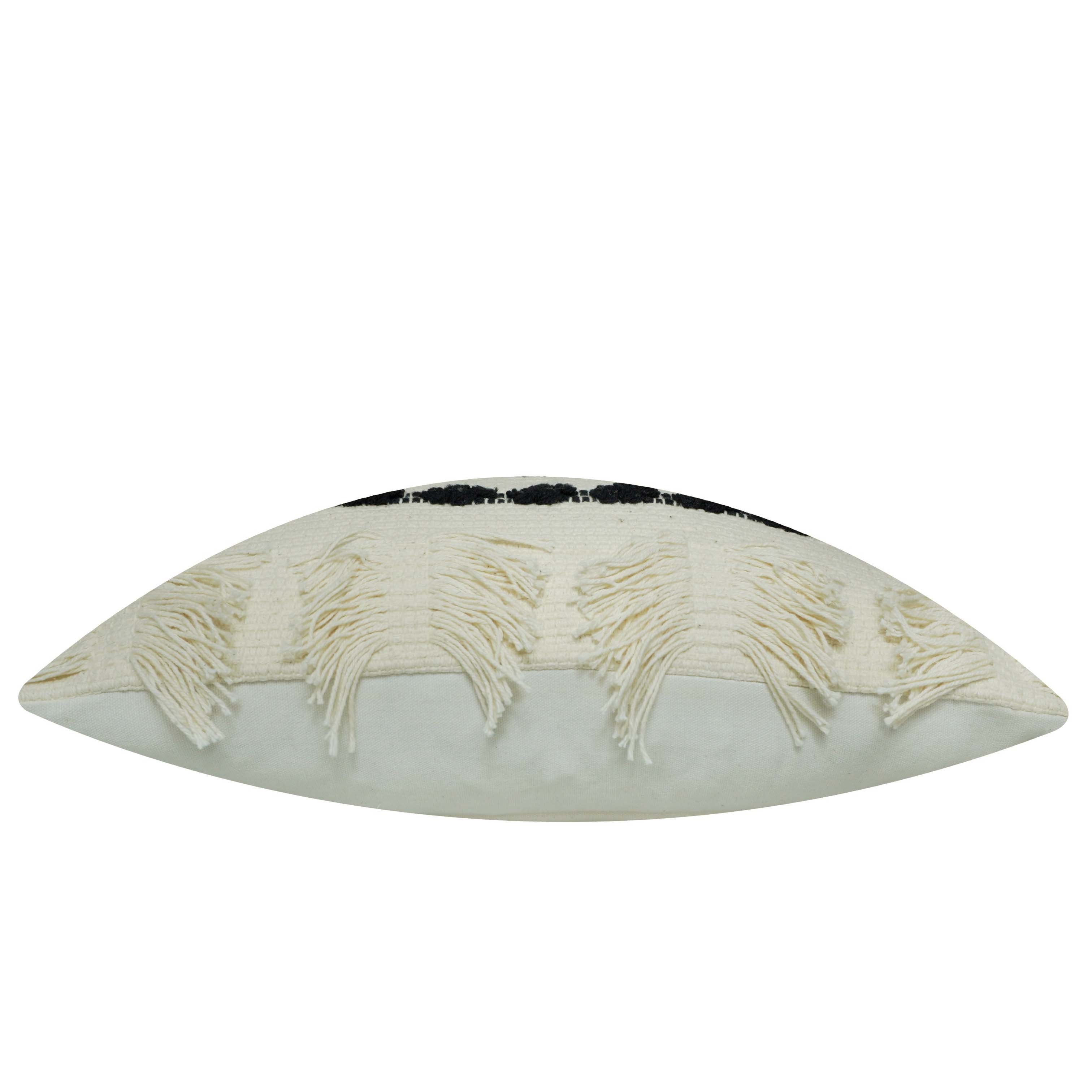 Handwoven Black & Ivory Geometric Textured Cushion Cover with Tassels – 45 x 45 cm