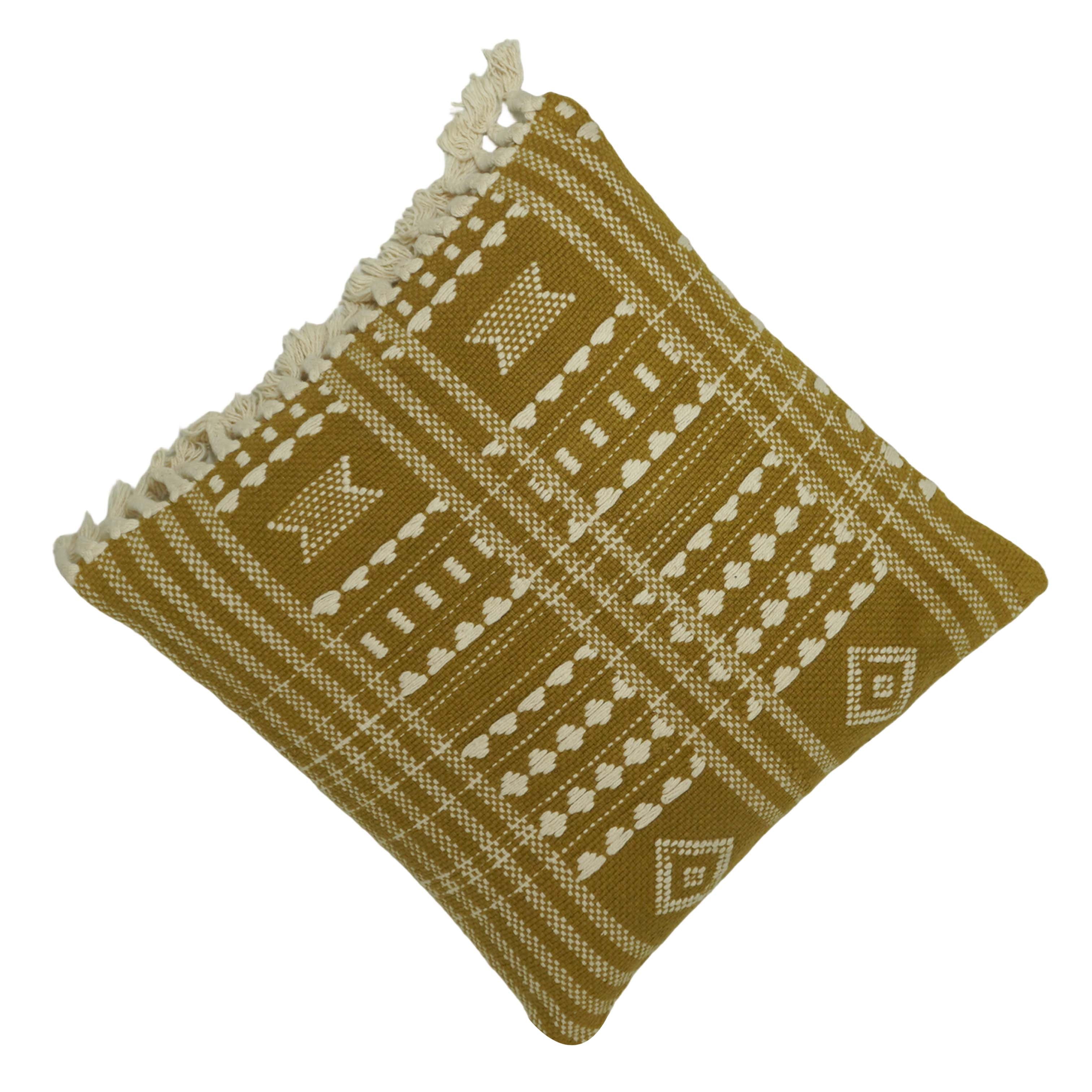 Handwoven Cotton Cushion Cover 45x45 cm | Mustard & Ivory Geometric Woven Throw Pillow Cover | Boho Decorative Cushion Cover with Hidden Zip