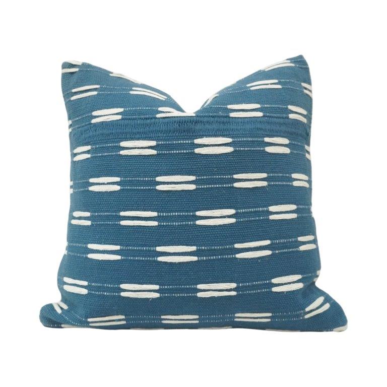 Handwoven Blue Cotton Cushion Cover 45x45 cm | Geometric Dash Pattern Decorative Throw Pillow Cover - Bulk manufacturer & supplier from Panipat, India