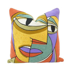 Abstract Face Embroidered Cushion Cover – Modern Artistic Cotton Pillow Cover 45x45 cm