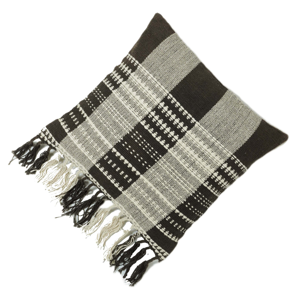 Handwoven Black & Cream Checkered Cushion Cover 45x45 cm with Tassel Detailing
