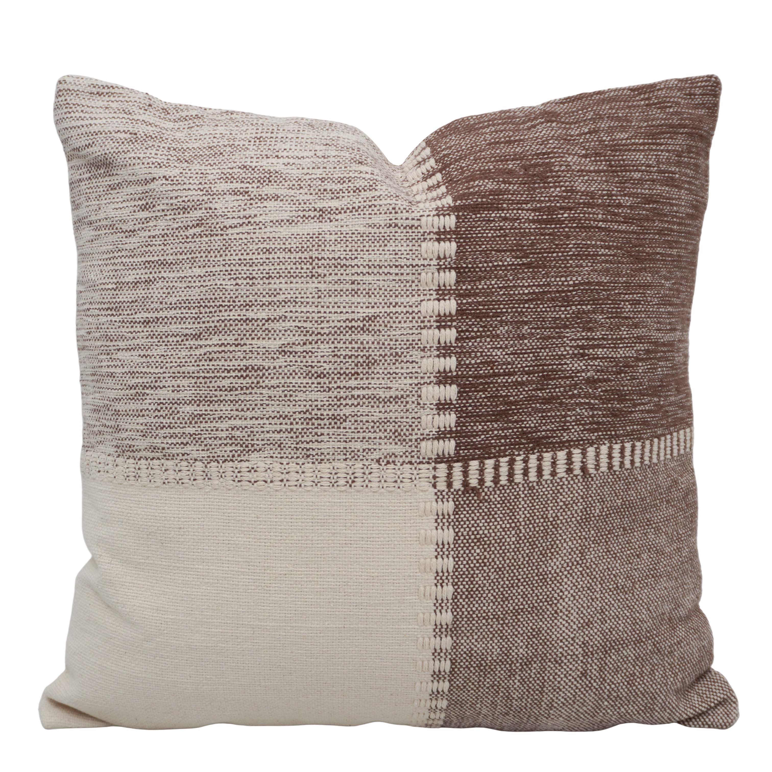 Handwoven Cotton Cushion Cover 45x45 cm | Brown & Ivory Color Block | Decorative Throw Pillow Cover